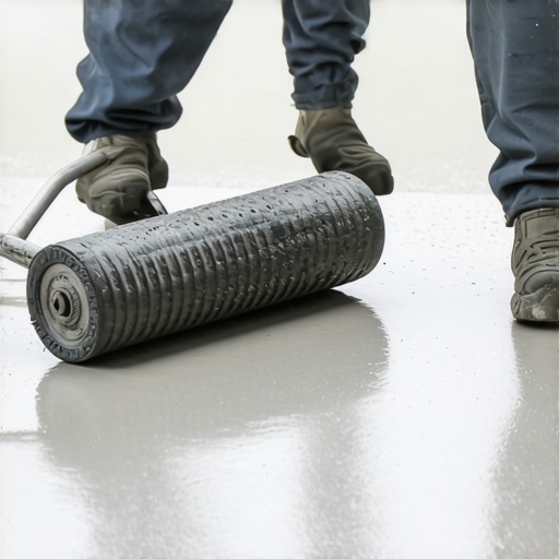 Contractor using a spiky roller to remove air bubbles from floor leveler