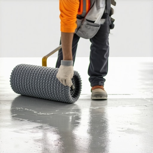Close up of a spiky roller smoothing out grey floor leveler to prevent bubbles
