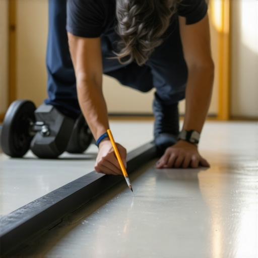 Checking subfloor flatness with a straightedge before gym flooring installation