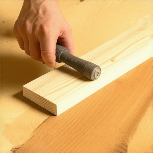 A close-up showing the proper technique of using a tapping block and a dead blow hammer to join hardwood floor planks without damaging the edges.