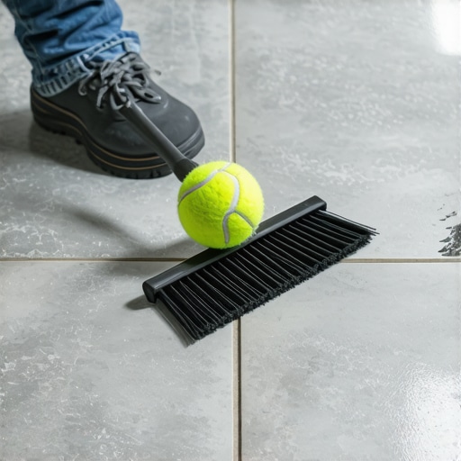 A tennis ball attached to a broom handle being used to erase a rubber scuff mark from matte porcelain flooring.