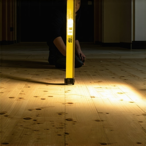 Contractor checking subfloor flatness with a flashlight and level during kitchen renovation