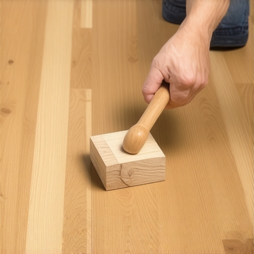 Close-up of a DIYer tapping a wood block with a mallet to fix a gap in hardwood flooring.