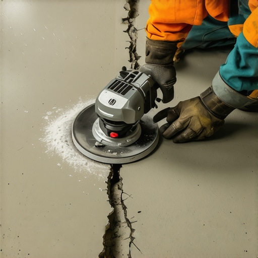 Worker using an angle grinder to widen a concrete slab crack before tiling